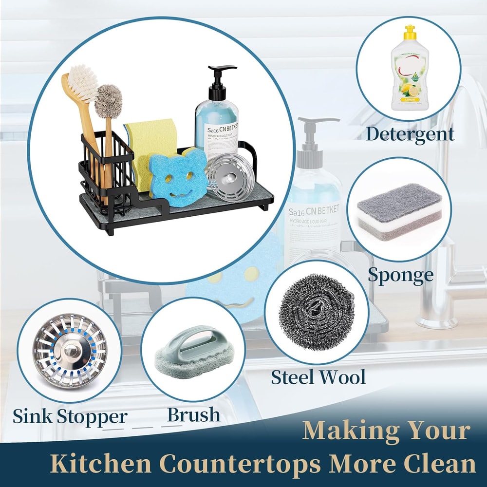 Stainless Steel Sink Caddy Organizer, Fast-Dry Kitchen Sponge Holder, Diatomite Base, Countertop Storage