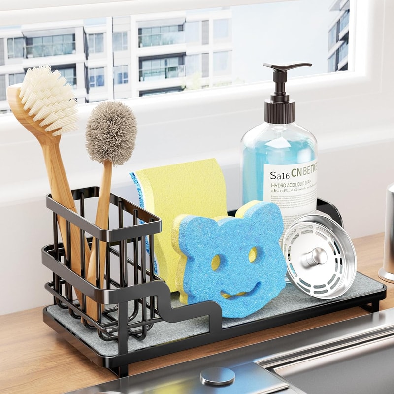 Stainless Steel Sink Caddy Organizer, Fast-Dry Kitchen Sponge Holder, Diatomite Base, Countertop Storage