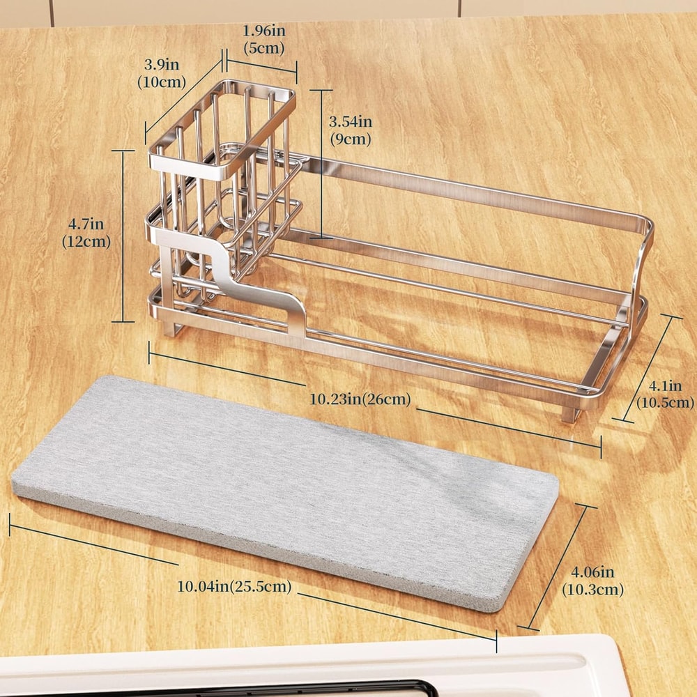 Stainless Steel Sink Caddy Organizer, Fast-Dry Kitchen Sponge Holder, Diatomite Base, Countertop Storage