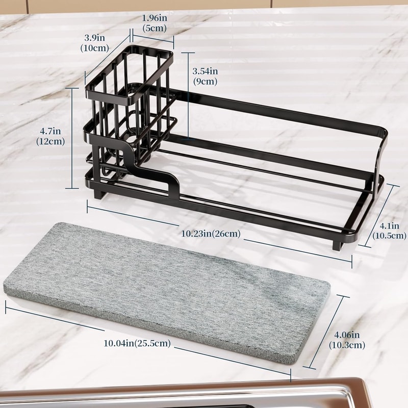 Stainless Steel Sink Caddy Organizer, Fast-Dry Kitchen Sponge Holder, Diatomite Base, Countertop Storage
