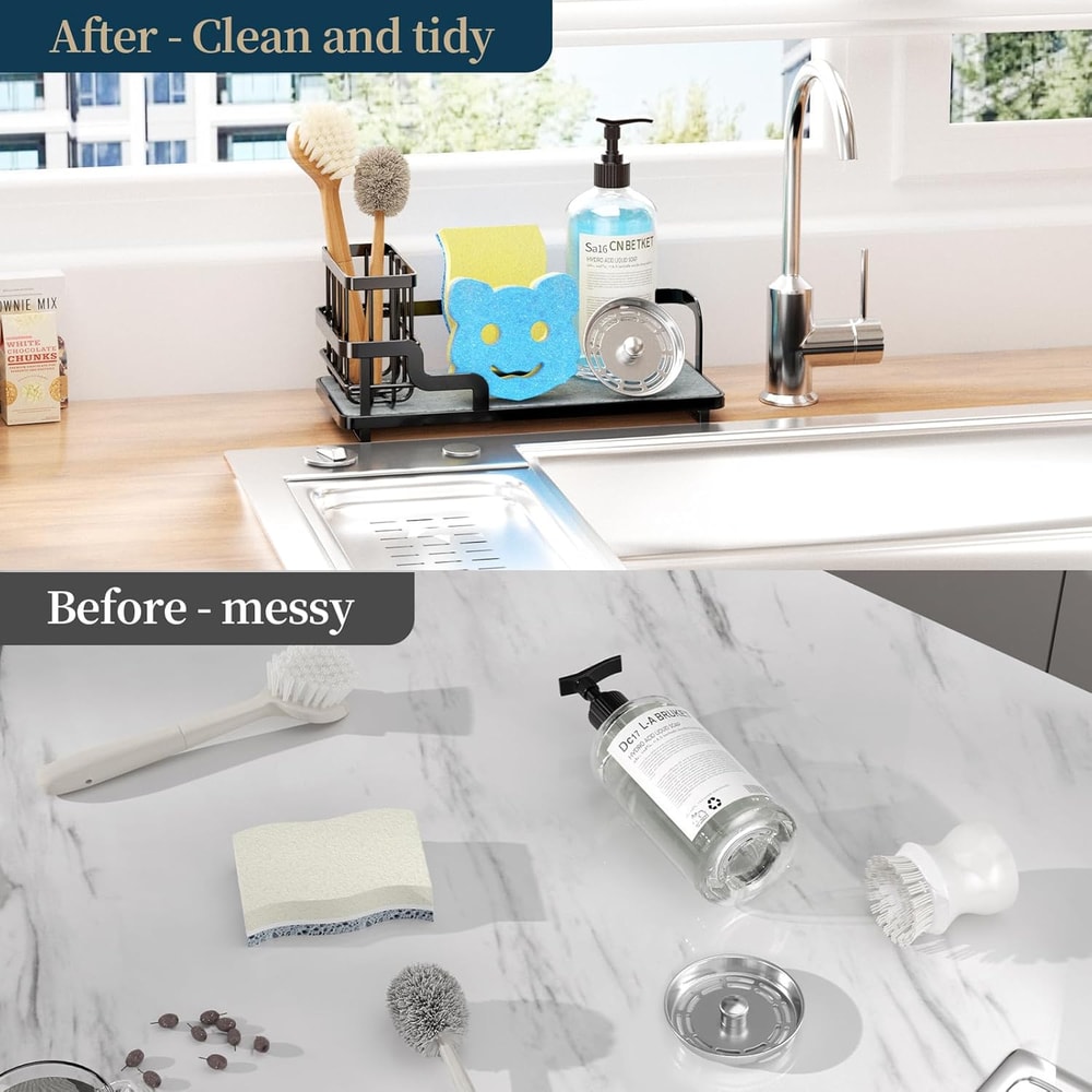 Stainless Steel Sink Caddy Organizer, Fast-Dry Kitchen Sponge Holder, Diatomite Base, Countertop Storage