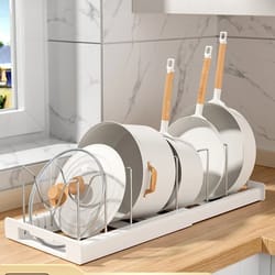 pots holder kitchen utensils rack, adjustable compartments dish storage, rack pot lid organizer