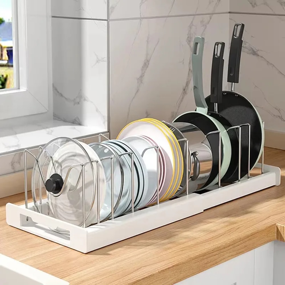 Pots Holder Kitchen Utensils Rack, Adjustable Compartments Dish Storage, Rack Pot Lid Organizer