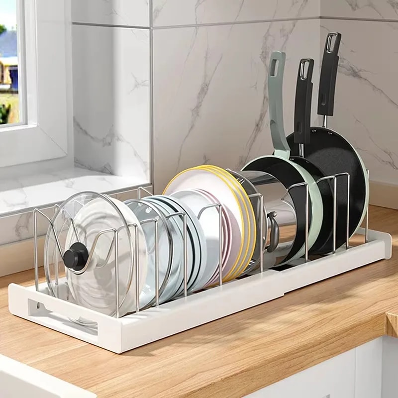 Pots Holder Kitchen Utensils Rack, Adjustable Compartments Dish Storage, Rack Pot Lid Organizer