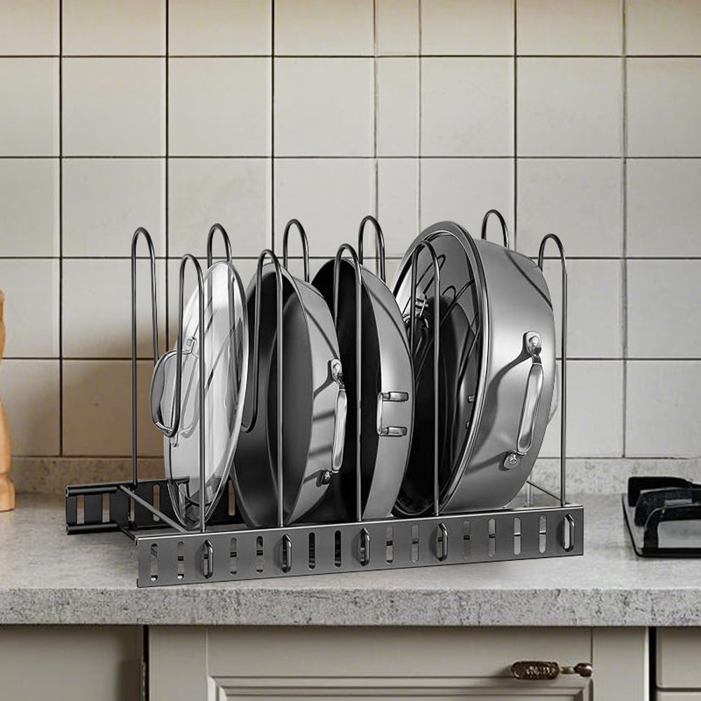 Upgraded Adjustable Pot Lid Organizer for Cutting Board, Pot and Pan Rack for Cabinet, Heavy Cookware Holder