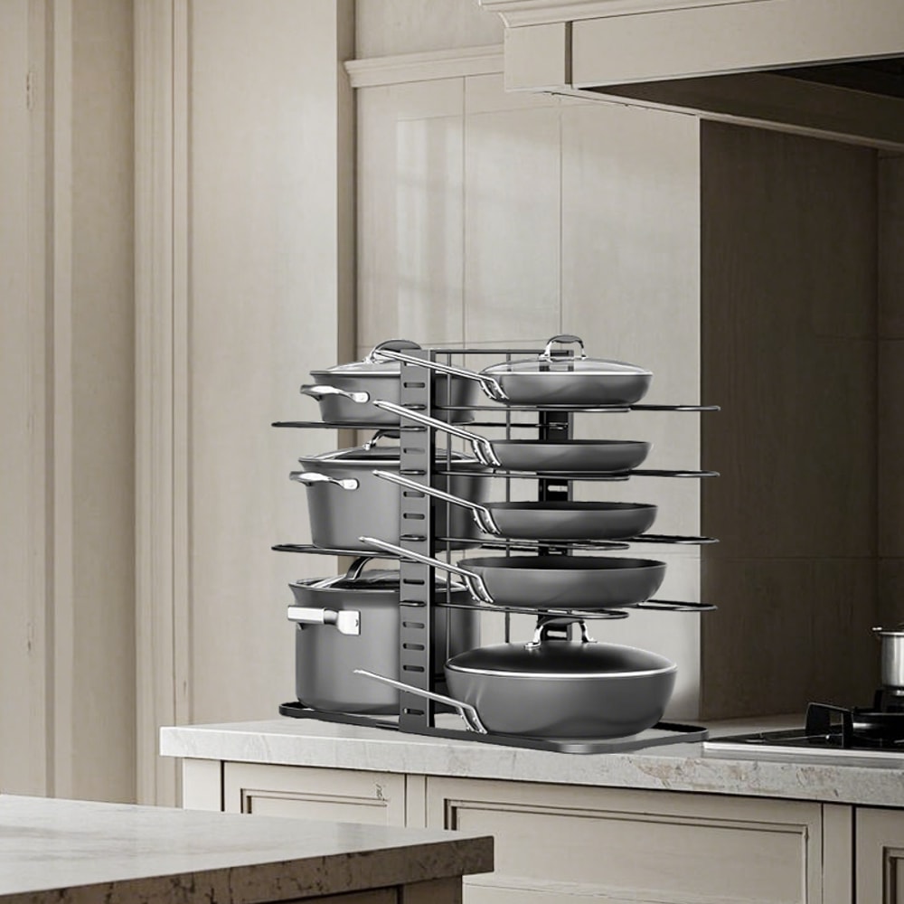 Upgraded Adjustable Pot Lid Organizer for Cutting Board, Pot and Pan Rack for Cabinet, Heavy Cookware Holder