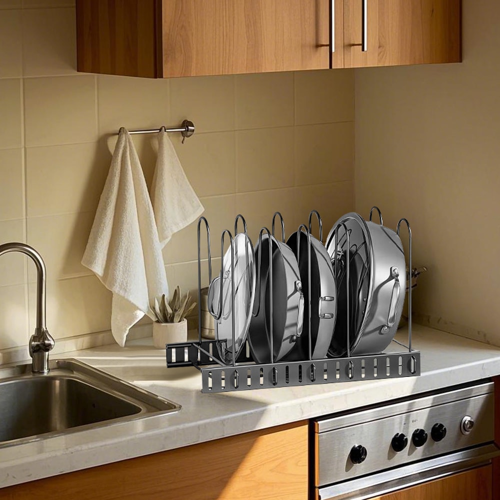 Upgraded Adjustable Pot Lid Organizer for Cutting Board, Pot and Pan Rack for Cabinet, Heavy Cookware Holder