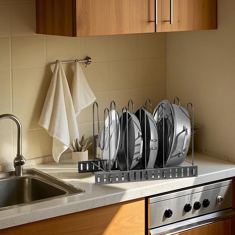 Upgraded Adjustable Pot Lid Organizer for Cutting Board, Pot and Pan Rack for Cabinet, Heavy Cookware Holder