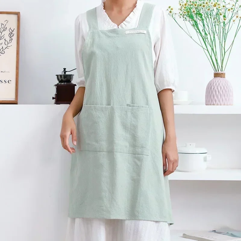 Denim apron cotton and linen, women Japanese and Korean simple apron, solid color blouse, florist coffee shop apron