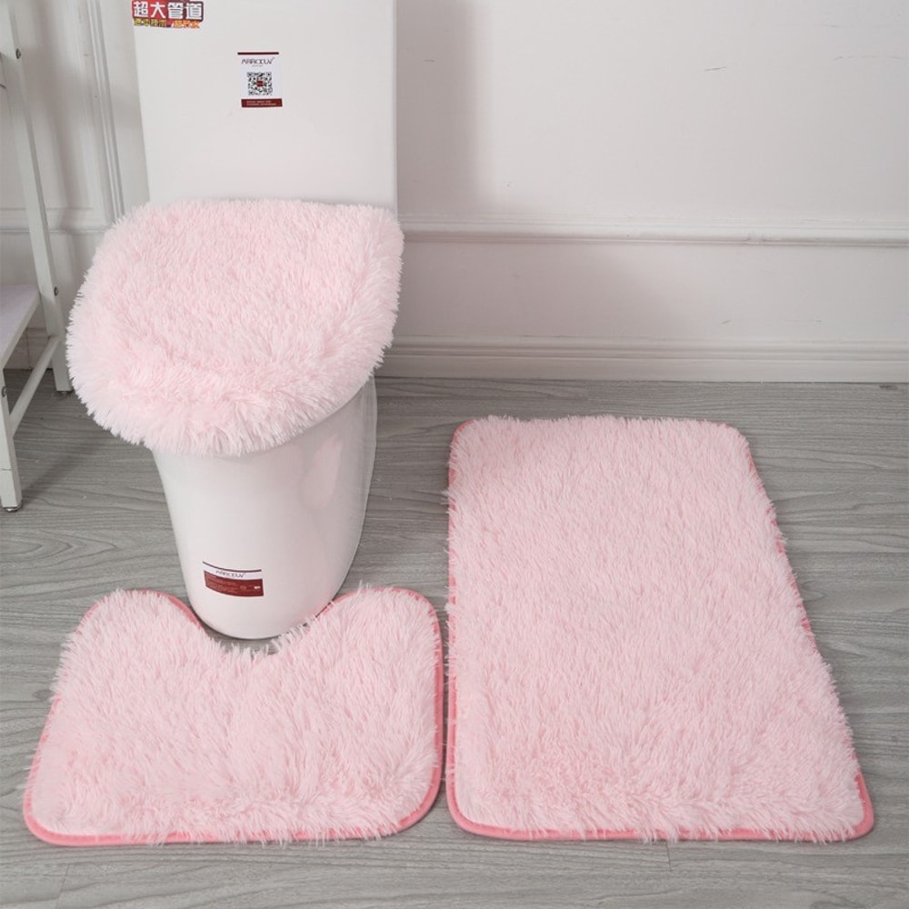 Fluffy Home Carpets for Bathroom, Bathmats Rugs Kit Non-Slip, Toilet Lid Cover, Bathroom Set Rug Mat Plain Color