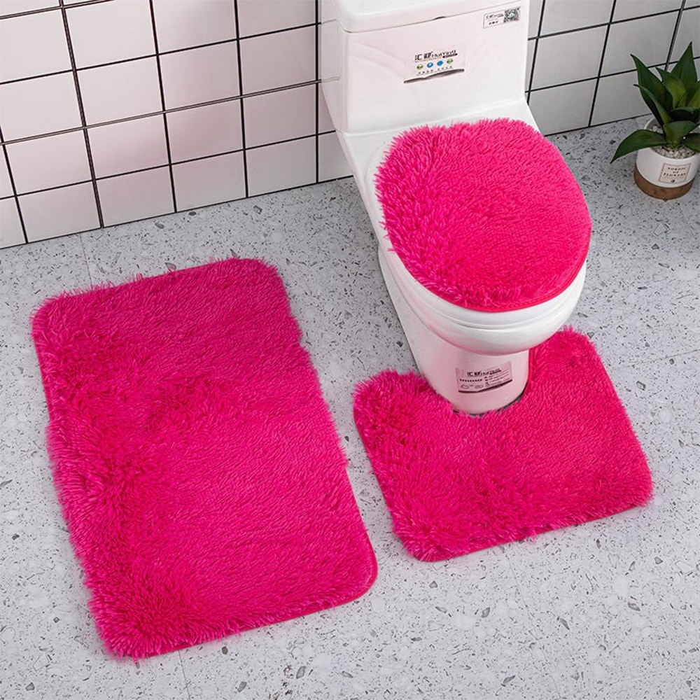 Fluffy Home Carpets for Bathroom, Bathmats Rugs Kit Non-Slip, Toilet Lid Cover, Bathroom Set Rug Mat Plain Color