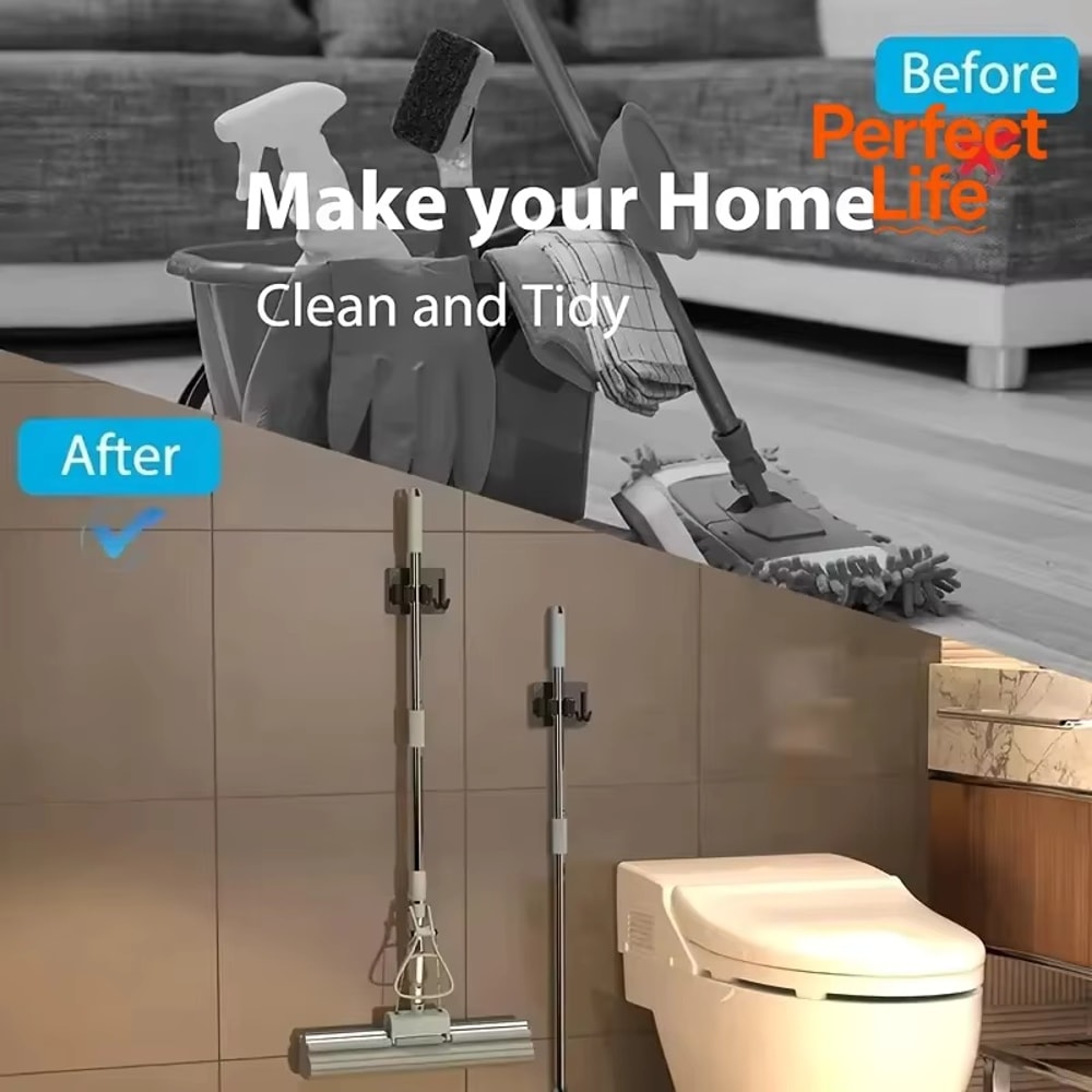 WallMounted Mop Clip Stainless Steel NonPunching Hook Multifunctional Broom And Mop Rack 1