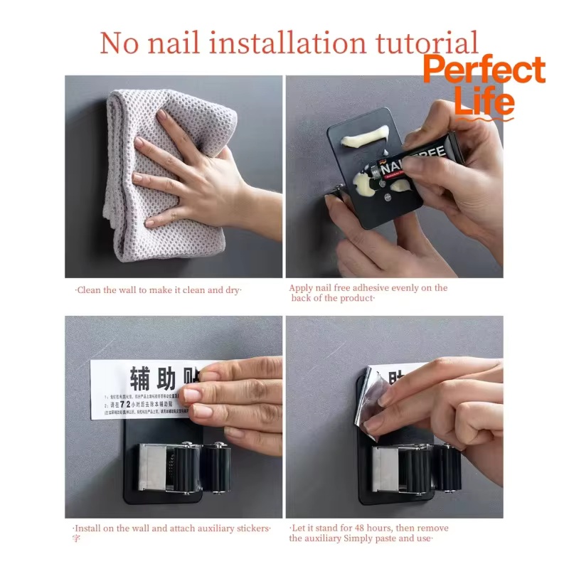 WallMounted Mop Clip Stainless Steel NonPunching Hook Multifunctional Broom And Mop Rack 4