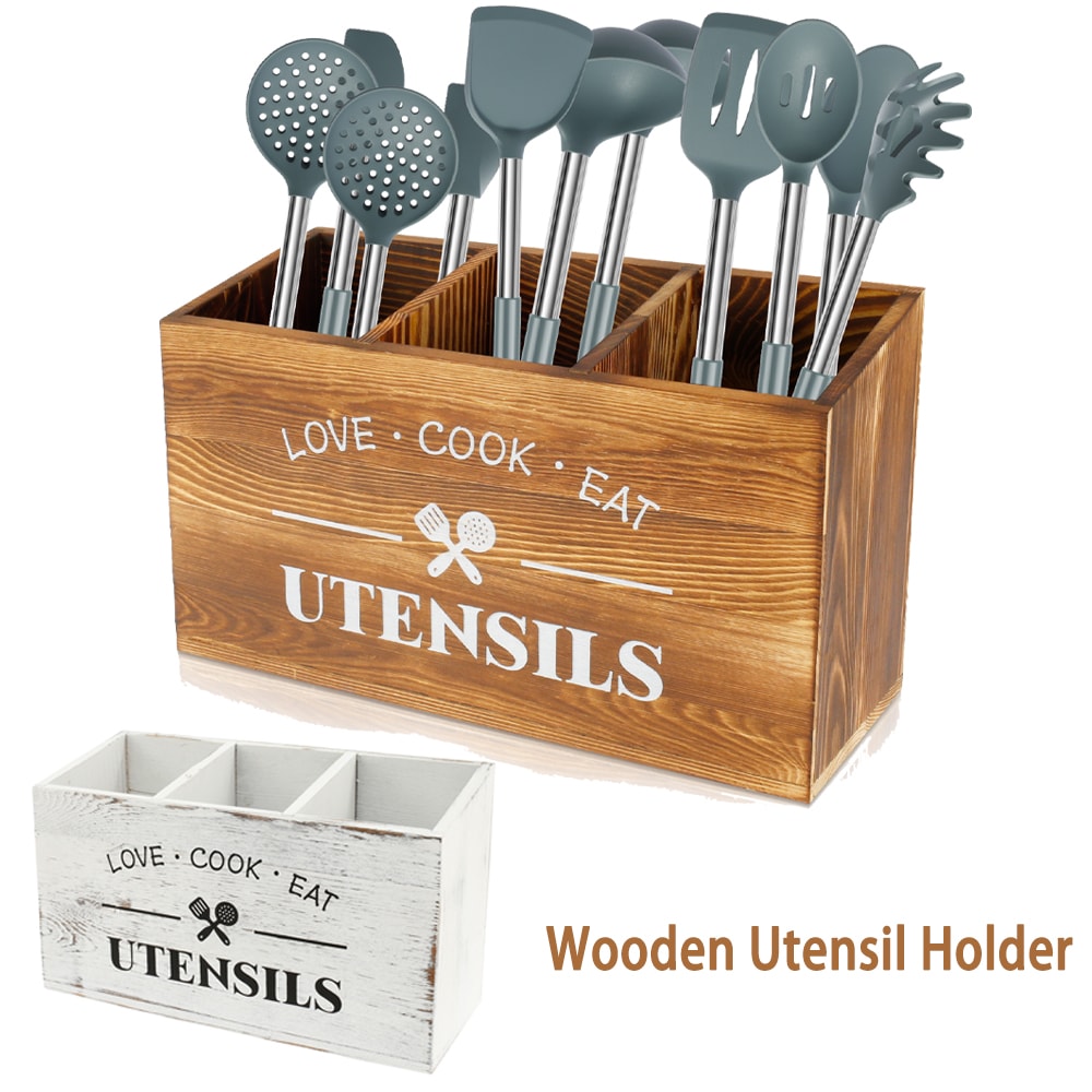 Kitchen Table Decor, Wooden Cutlery Holder with Compartments, Household Spoon Organizer
