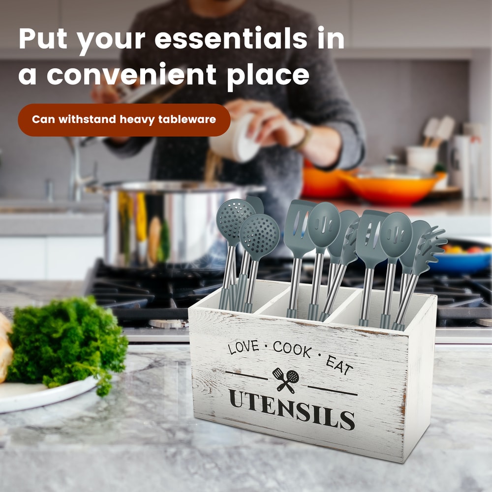 Kitchen Table Decor, Wooden Cutlery Holder with Compartments, Household Spoon Organizer