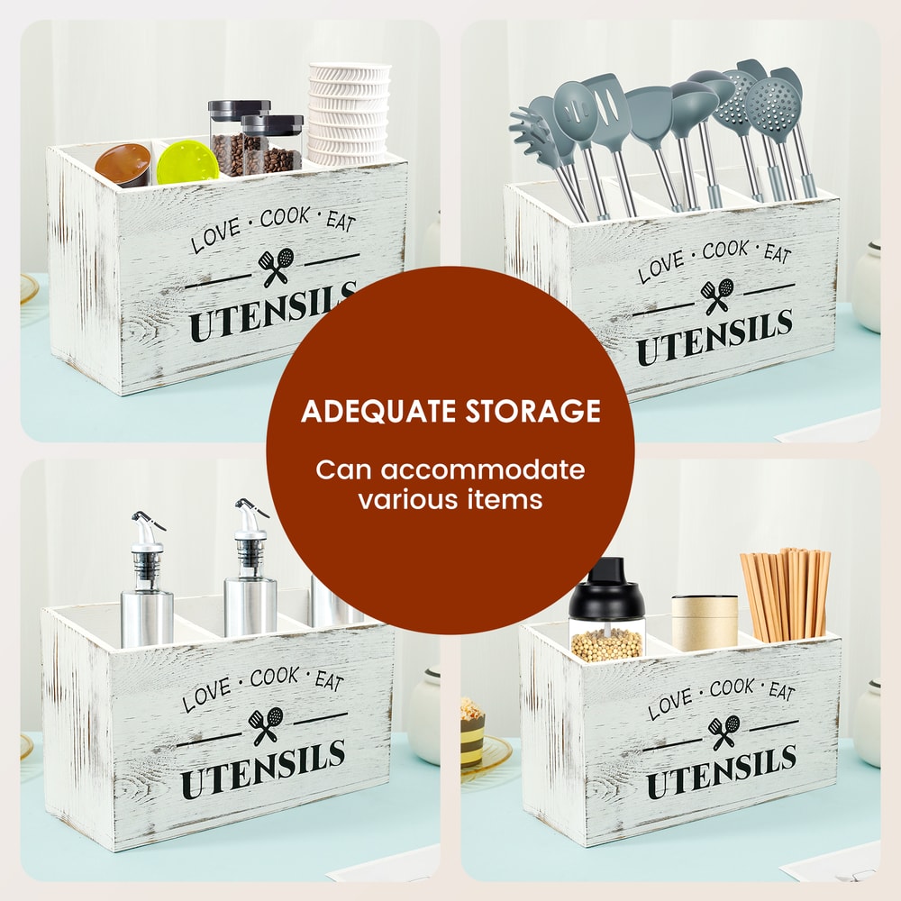 Kitchen Table Decor, Wooden Cutlery Holder with Compartments, Household Spoon Organizer