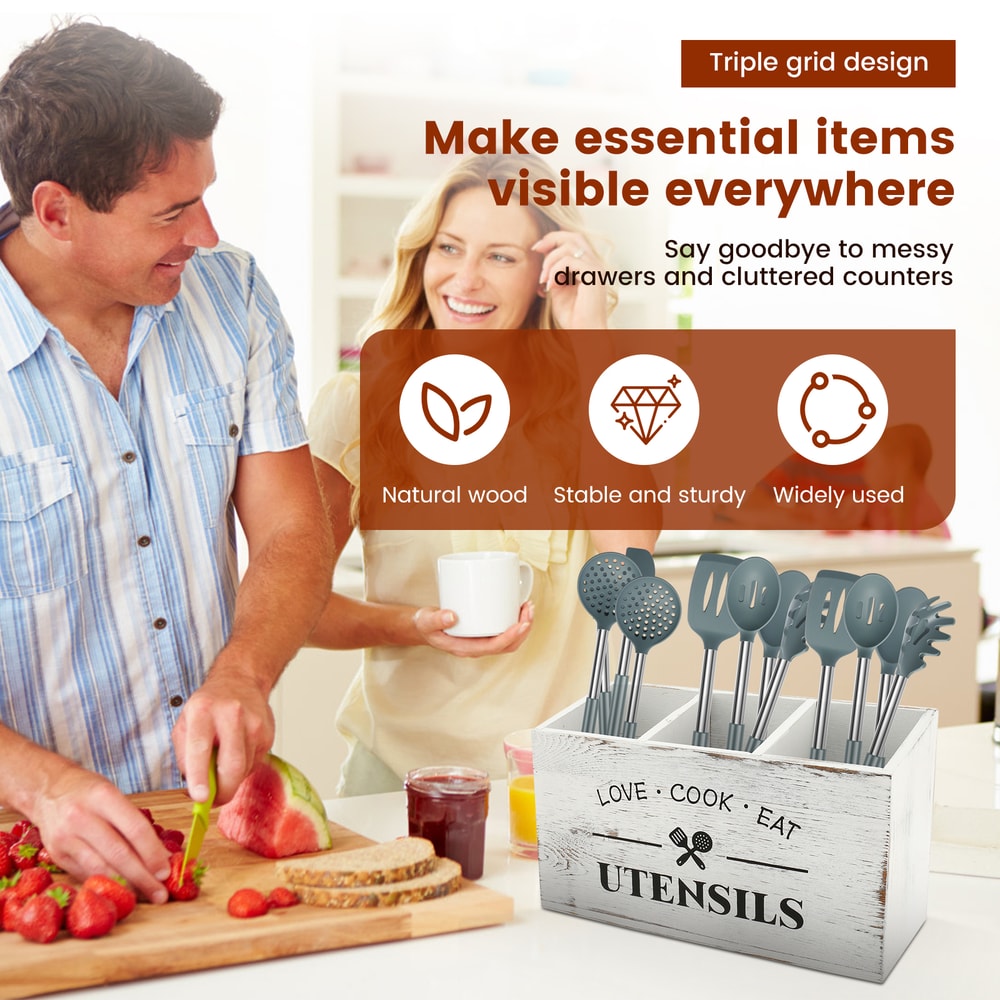 Kitchen Table Decor, Wooden Cutlery Holder with Compartments, Household Spoon Organizer