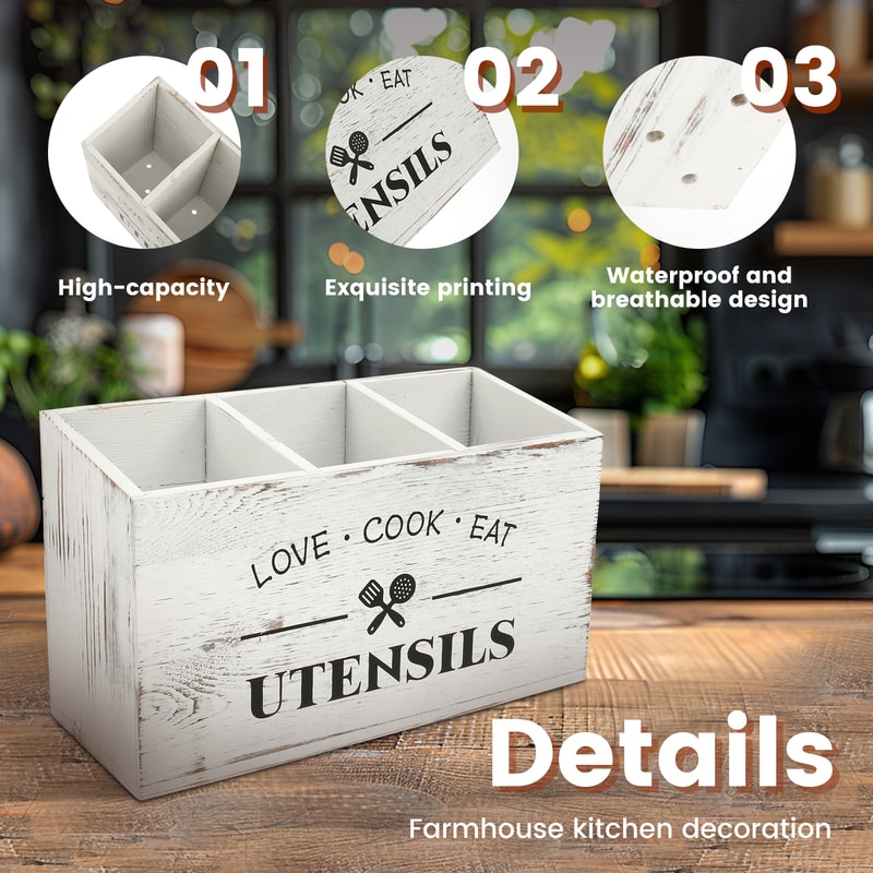 Kitchen Table Decor, Wooden Cutlery Holder with Compartments, Household Spoon Organizer