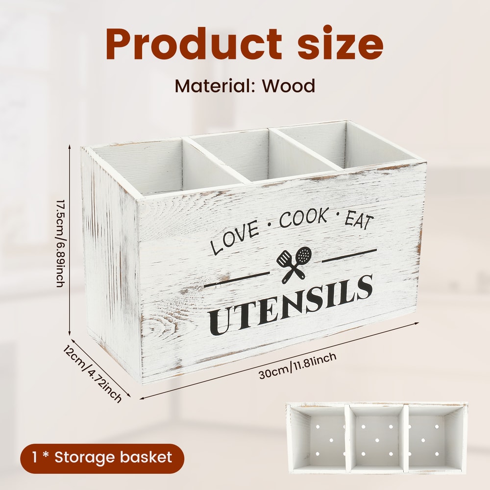 Kitchen Table Decor, Wooden Cutlery Holder with Compartments, Household Spoon Organizer