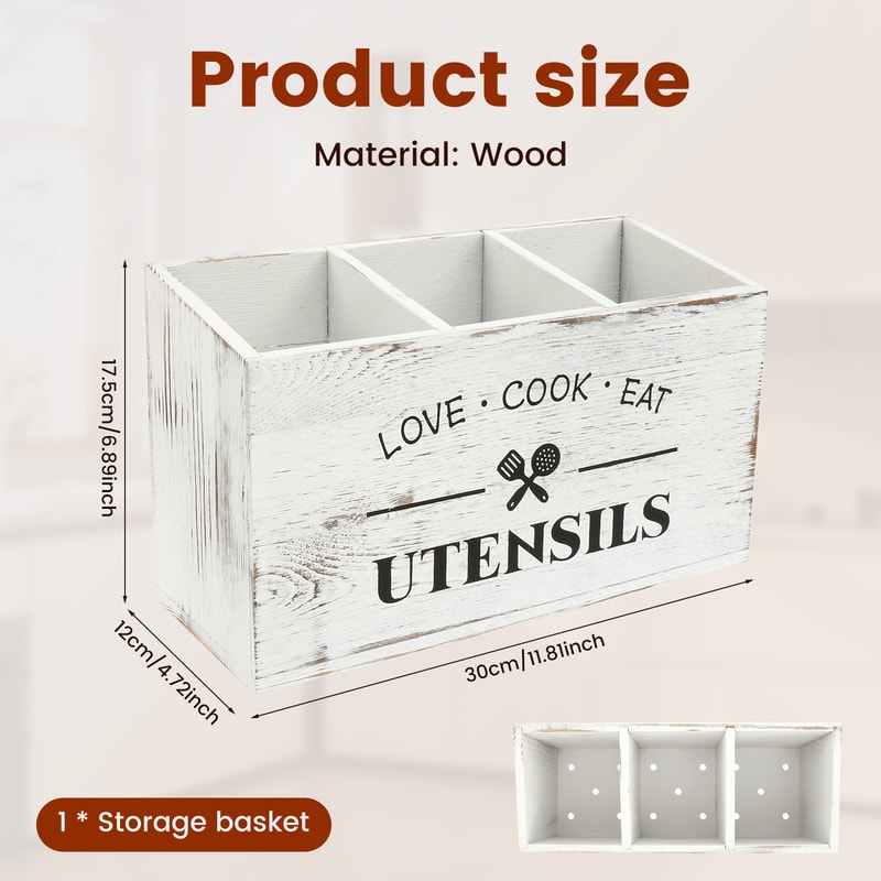 Kitchen Table Decor, Wooden Cutlery Holder with Compartments, Household Spoon Organizer