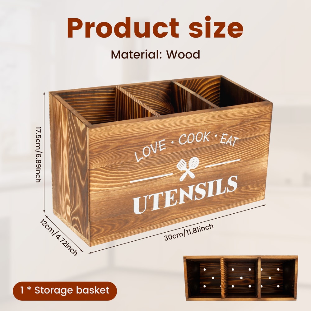Kitchen Table Decor, Wooden Cutlery Holder with Compartments, Household Spoon Organizer