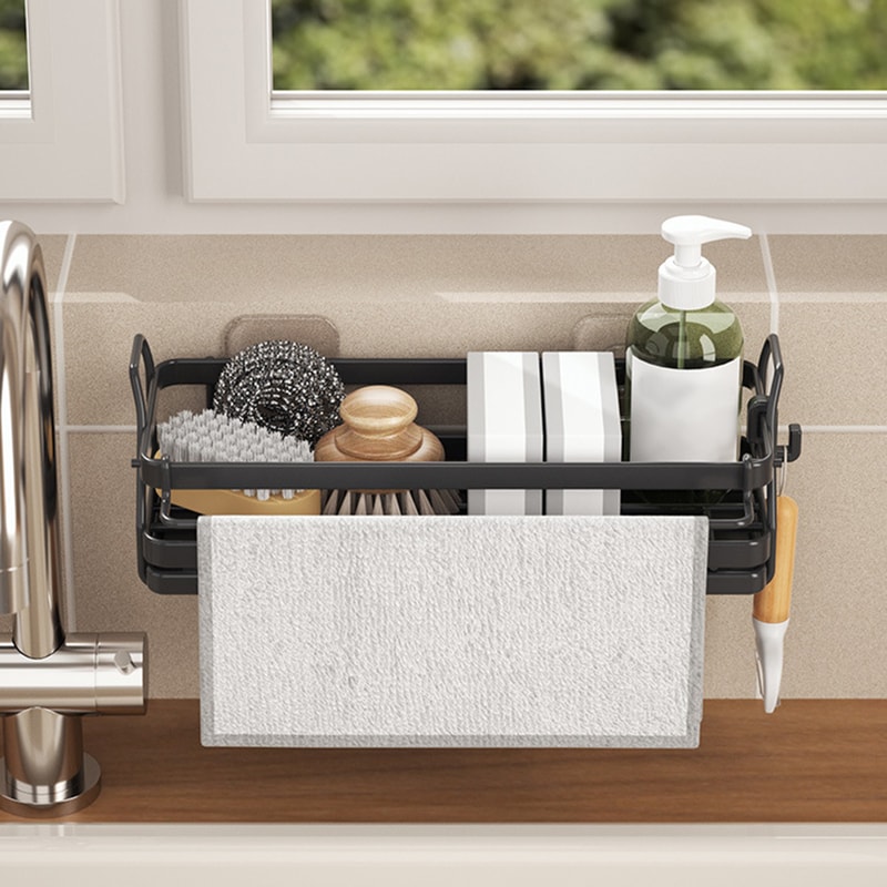 Removable Drain Tray Soap Dispenser, Kitchen Sink Sponge Holder, Caddy Organizer for Brushes, Dish Cloth, Sink Stoppers