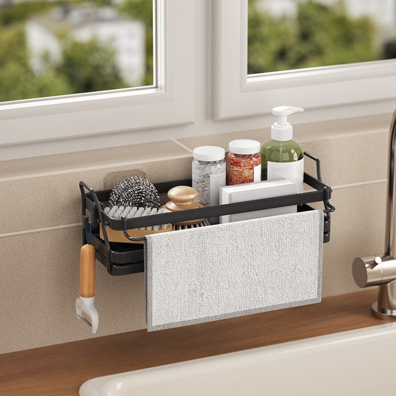 Removable Drain Tray Soap Dispenser, Kitchen Sink Sponge Holder, Caddy Organizer for Brushes, Dish Cloth, Sink Stoppers