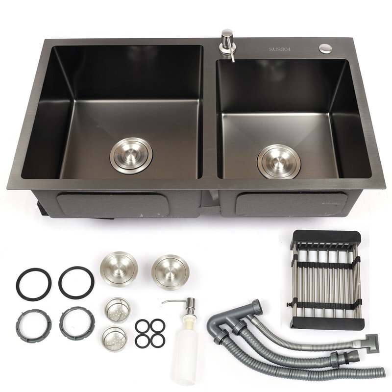 Kitchen Sink Double Bowl, Stainless Steel Inset Basket W/Drainer and Soap Dispenser