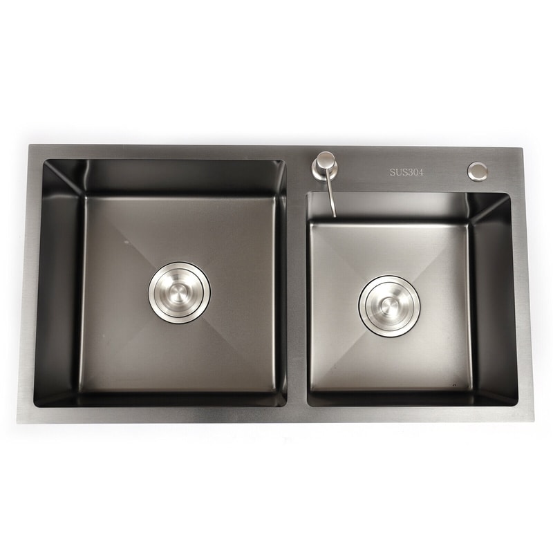 Kitchen Sink Double Bowl, Stainless Steel Inset Basket W/Drainer and Soap Dispenser