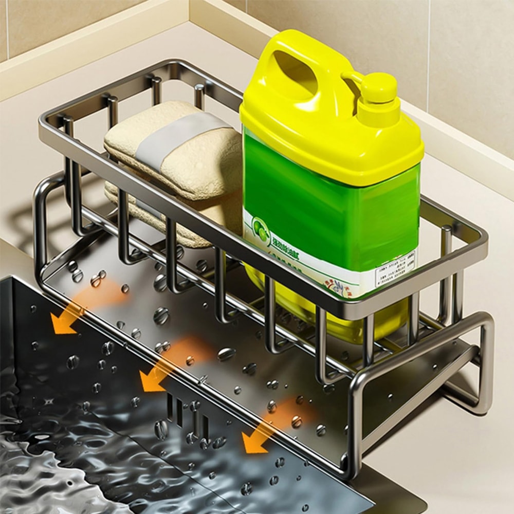 Carbon Steel Kitchen Sink Organizer, Tilted Water Tray Storage Rack for Sponge Brush