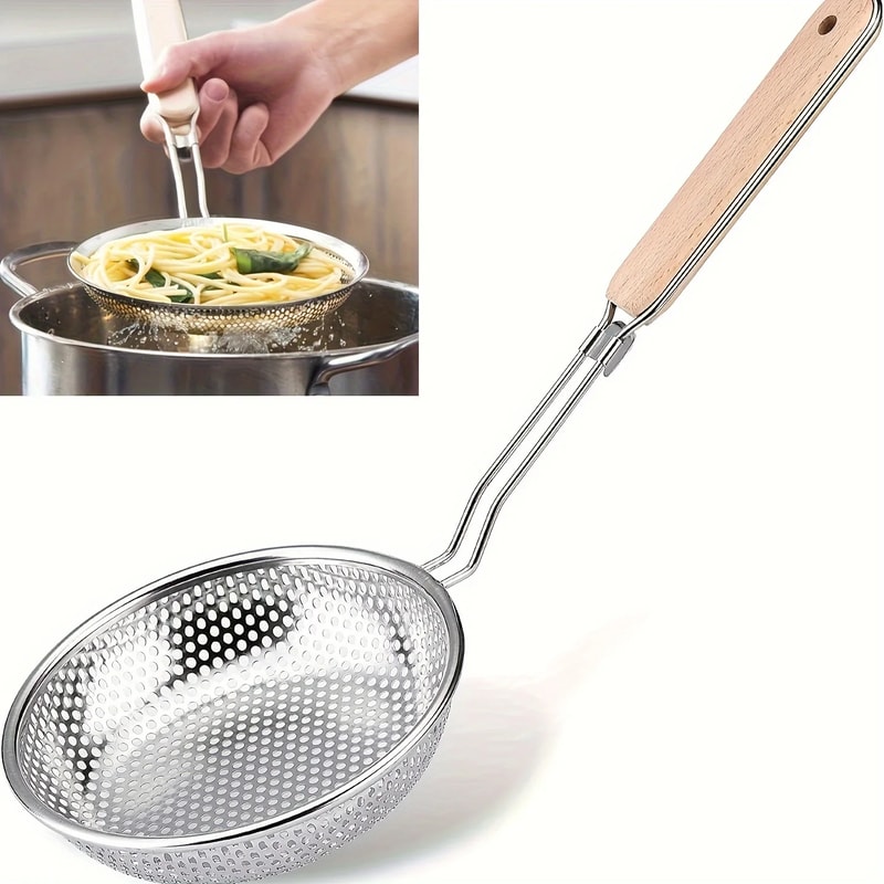 Wooden Handle Stainless Steel Colander, Fine Mesh Skimmer Spoon for Food Prep and Grease Filtering