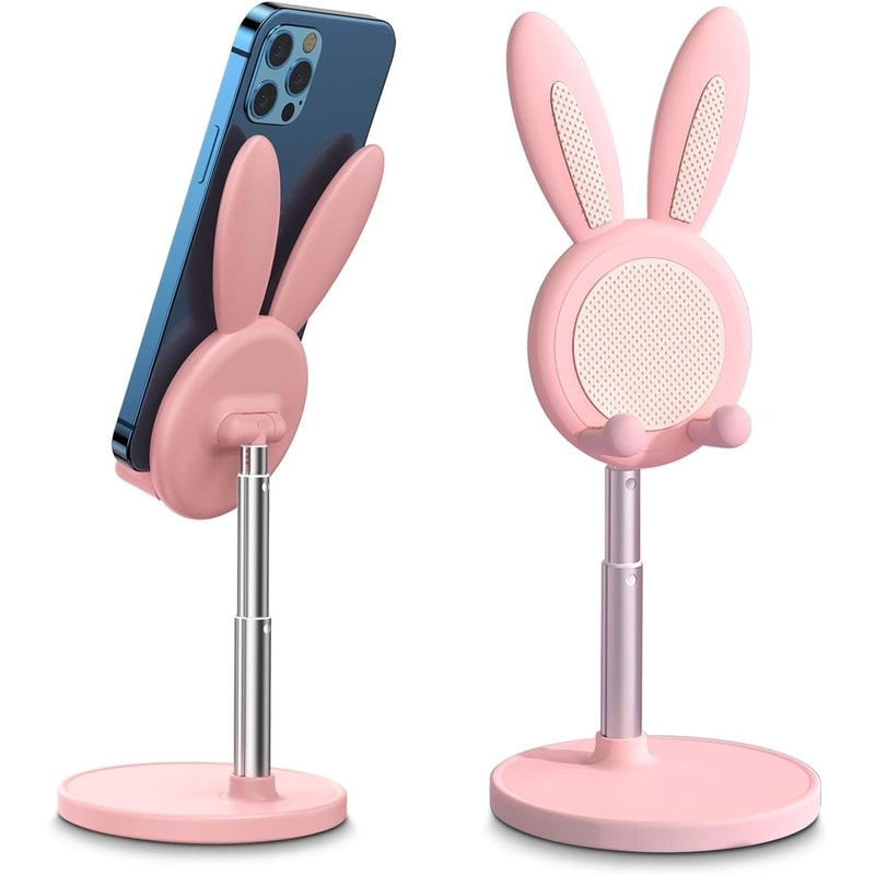 Pink Bunny Adjustable Phone Stand, Desk Holder Compatible with iPhone, Kindle, iPad, Switch, and All Phones