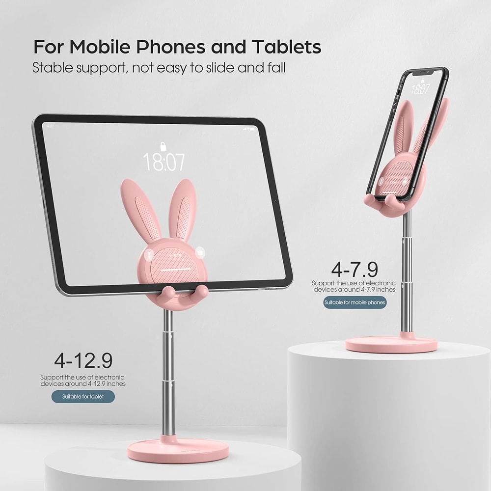Pink Bunny Adjustable Phone Stand, Desk Holder Compatible with iPhone, Kindle, iPad, Switch, and All Phones