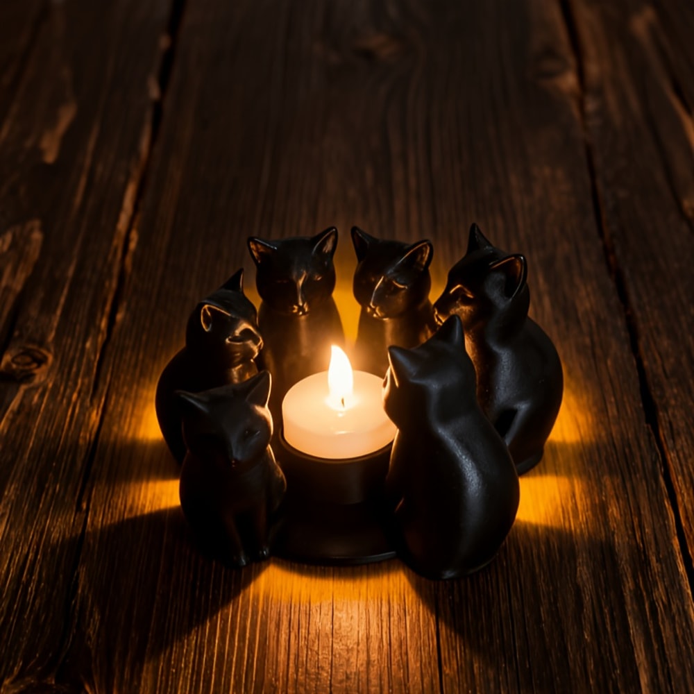 Cat Ring-Shaped Candle Holder, Black Kitten Ornament, Bedroom Decoration
