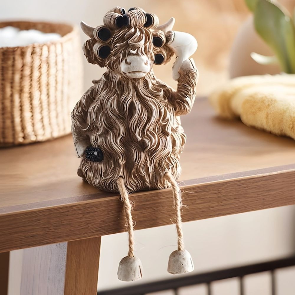 Fun Desktop Decoration Creative Highland Cow Blowing Hair Statue Ornament For Home Office Living Ro 0