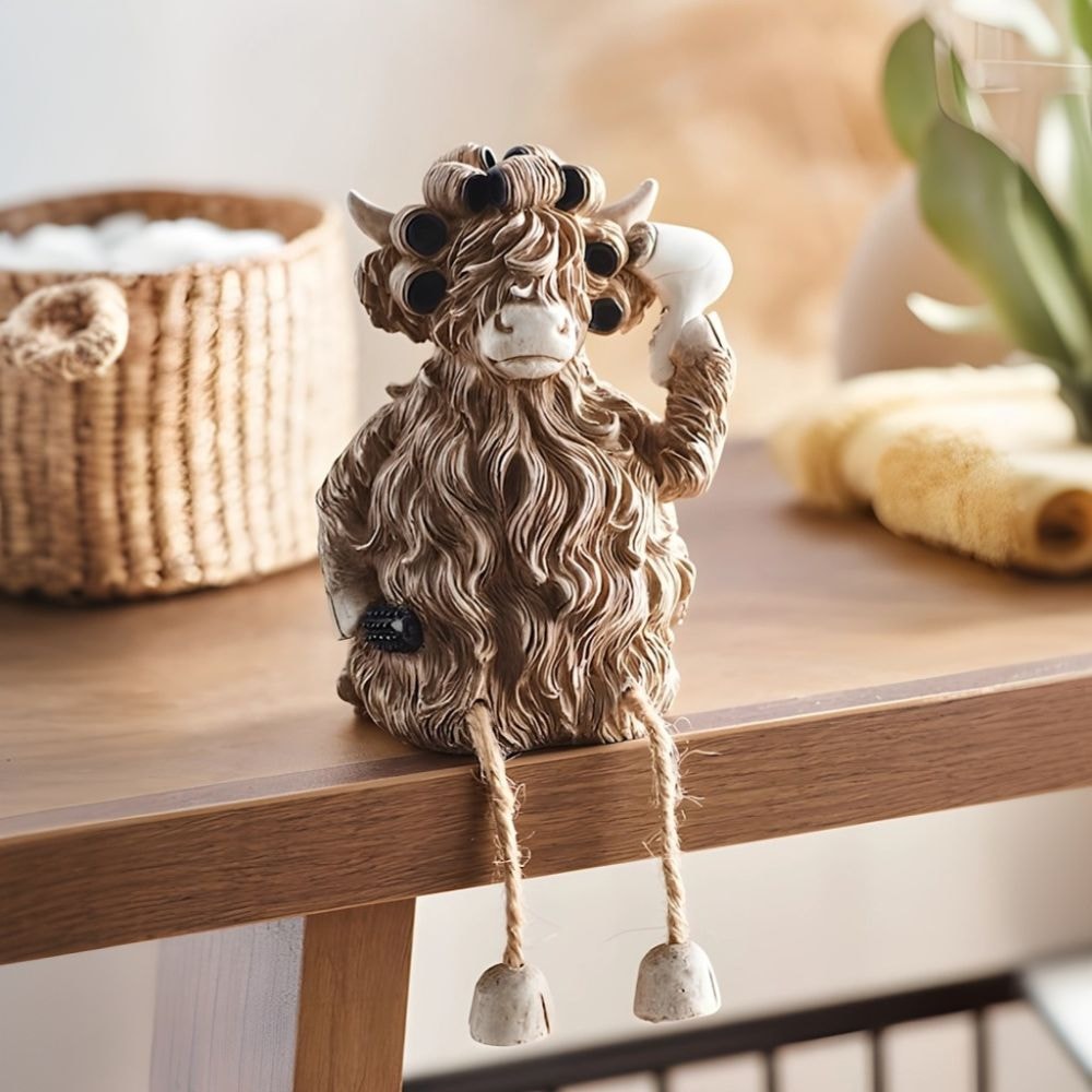 Fun Desktop Decoration Creative Highland Cow Blowing Hair Statue Ornament For Home Office Living Ro 5