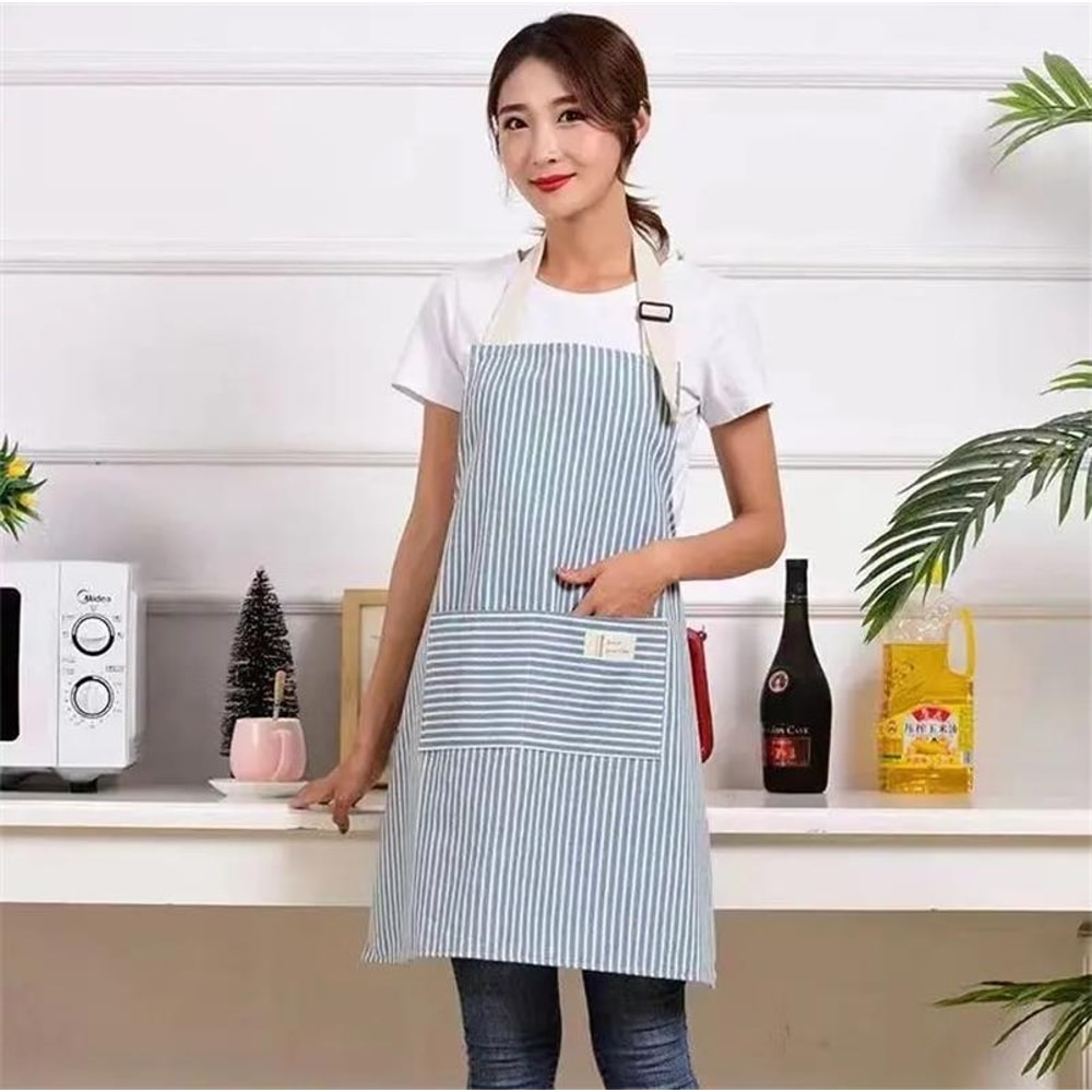 Striped Cotto Linen Apron with Cotton Waistband, Stain Oil Resistance Coffee Overalls for Kitchen