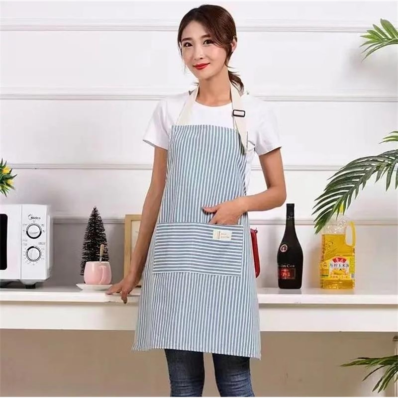 Striped Cotto Linen Apron with Cotton Waistband, Stain Oil Resistance Coffee Overalls for Kitchen