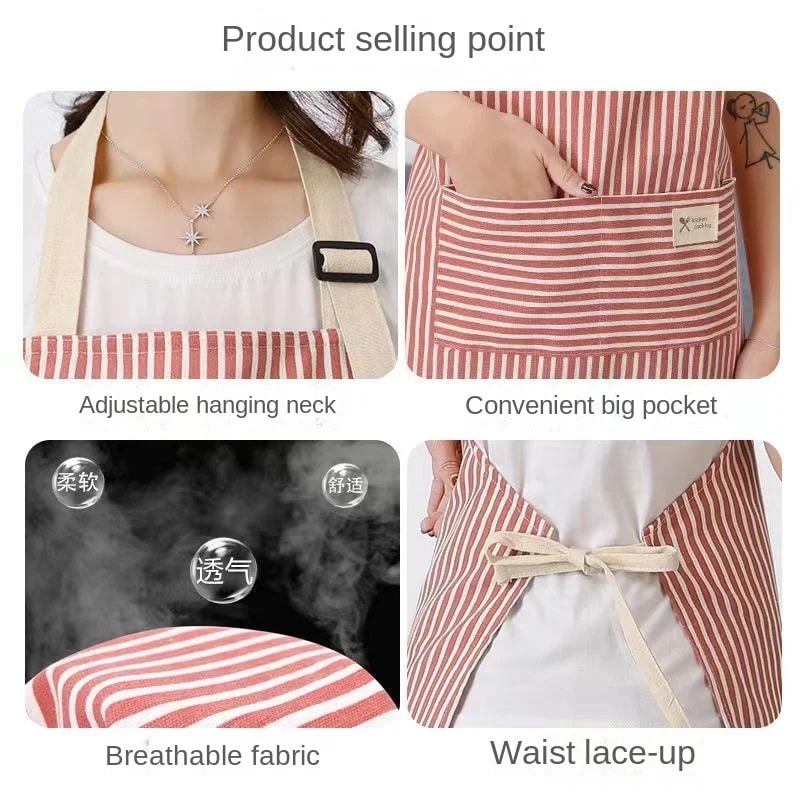 Striped Cotto Linen Apron with Cotton Waistband, Stain Oil Resistance Coffee Overalls for Kitchen