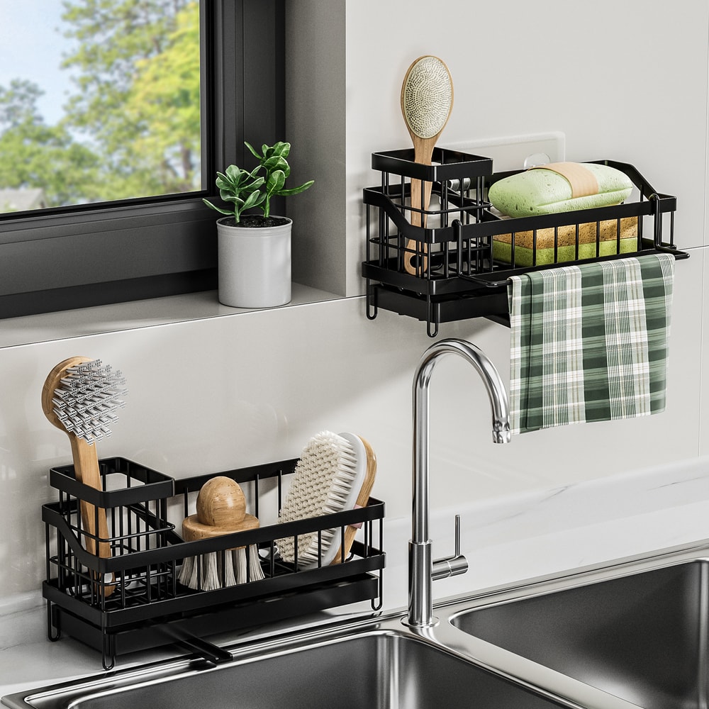 Wall-Mounted Dishwashing Sponge Holder, Drill-Free Storage Rack for Kitchen Brushes and Drains