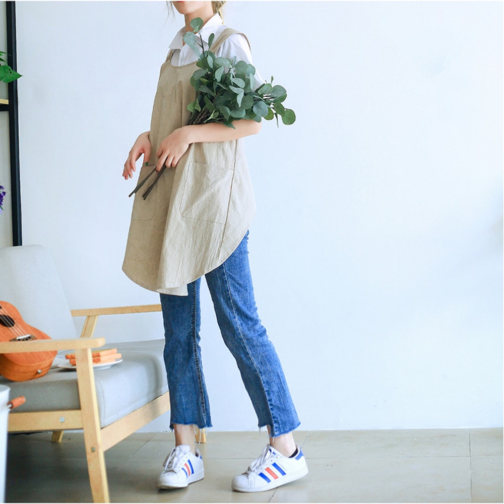 Cotton Linen Cross Back Apron For Women Korean Florist Dress Baking Wrap Solid Color Garden Apron 2