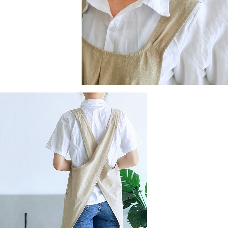 Cotton Linen Cross Back Apron For Women Korean Florist Dress Baking Wrap Solid Color Garden Apron 3