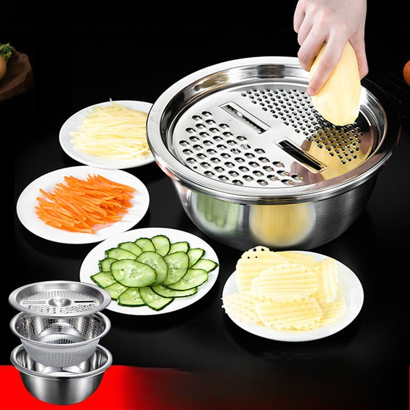 Multifunctional Vegetable Slicer, Stainless Steel Potato Slicer, Drain Basket, and Washing Basin
