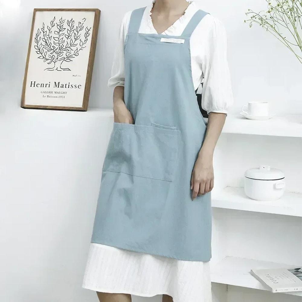 Denim Apron Women Japanese and Korean Style, Cotton Linen Solid Color Blouse for Kitchen, Florist, Coffee Shop Work