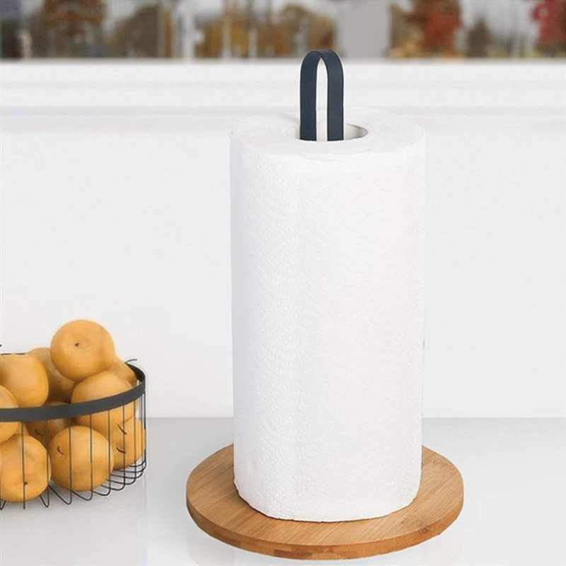 Free-Standing Paper Towel Holder with Nordic Style Bamboo Base, Vertical Storage Rack for Kitchen