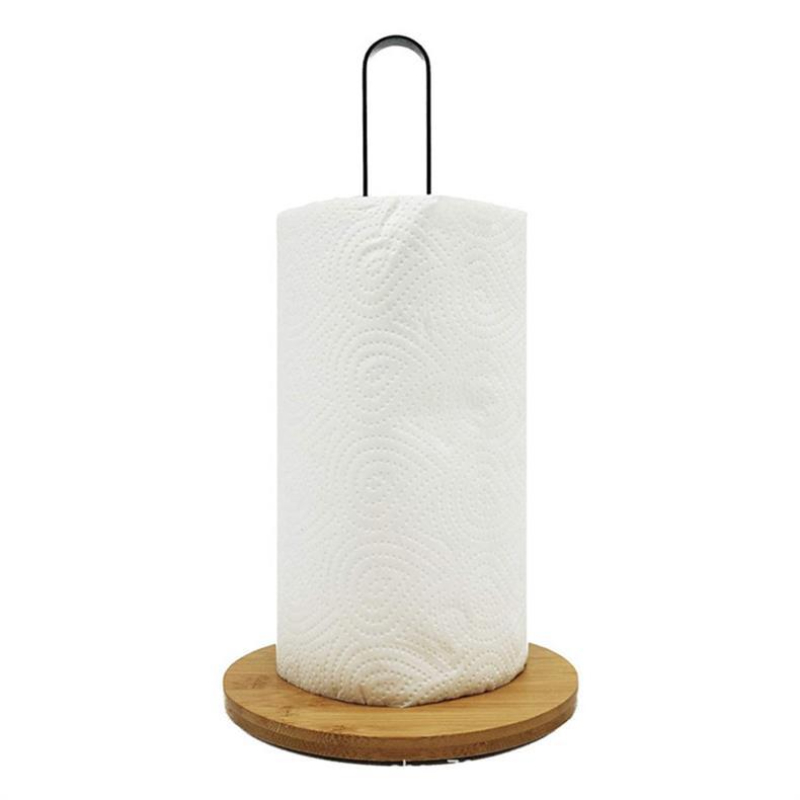 Free-Standing Paper Towel Holder with Nordic Style Bamboo Base, Vertical Storage Rack for Kitchen