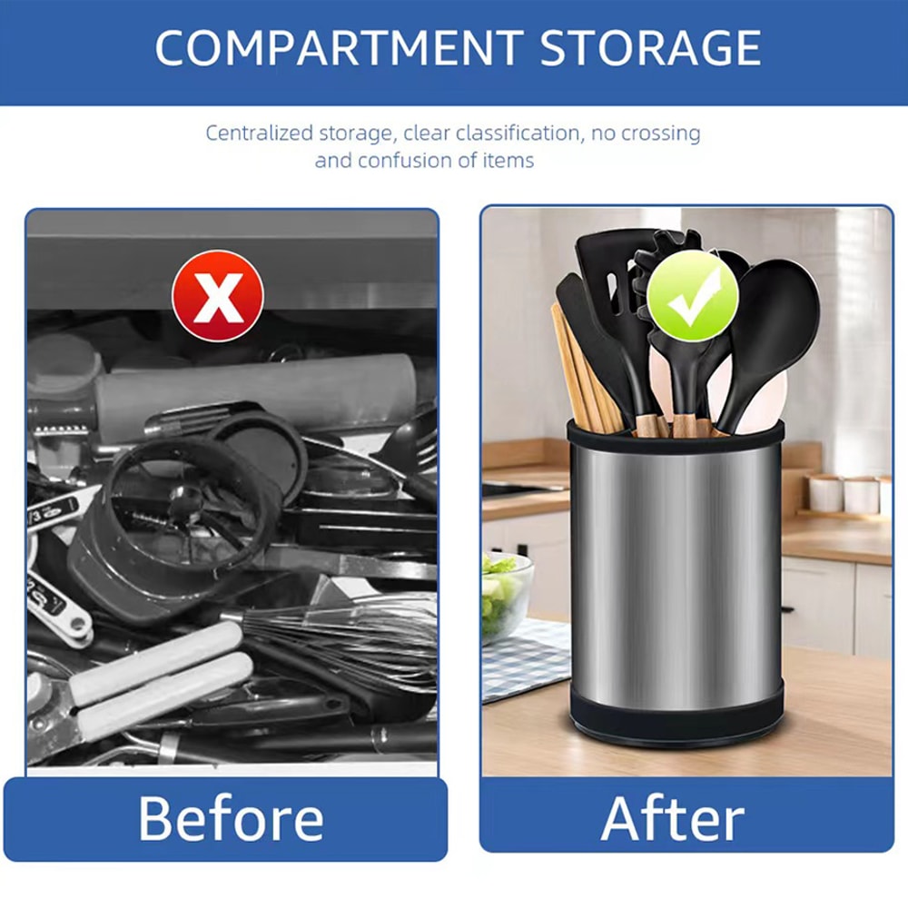 Kitchen Storage Rack With Rotatable Stainless Steel Silica Gel Barrel Tableware Holder 3