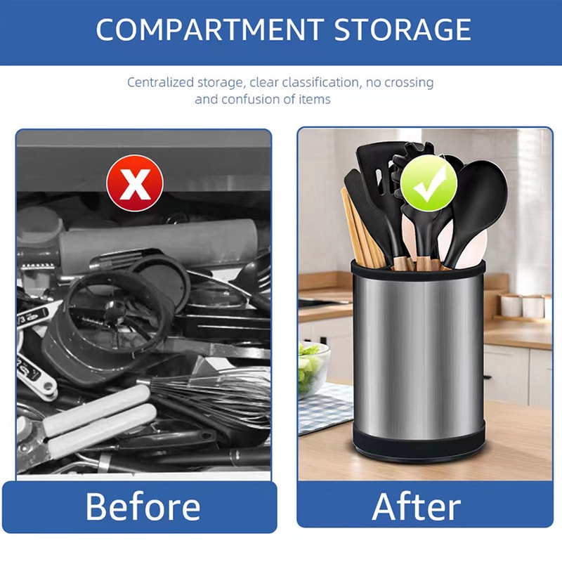 Kitchen Storage Rack With Rotatable Stainless Steel Silica Gel Barrel Tableware Holder 3