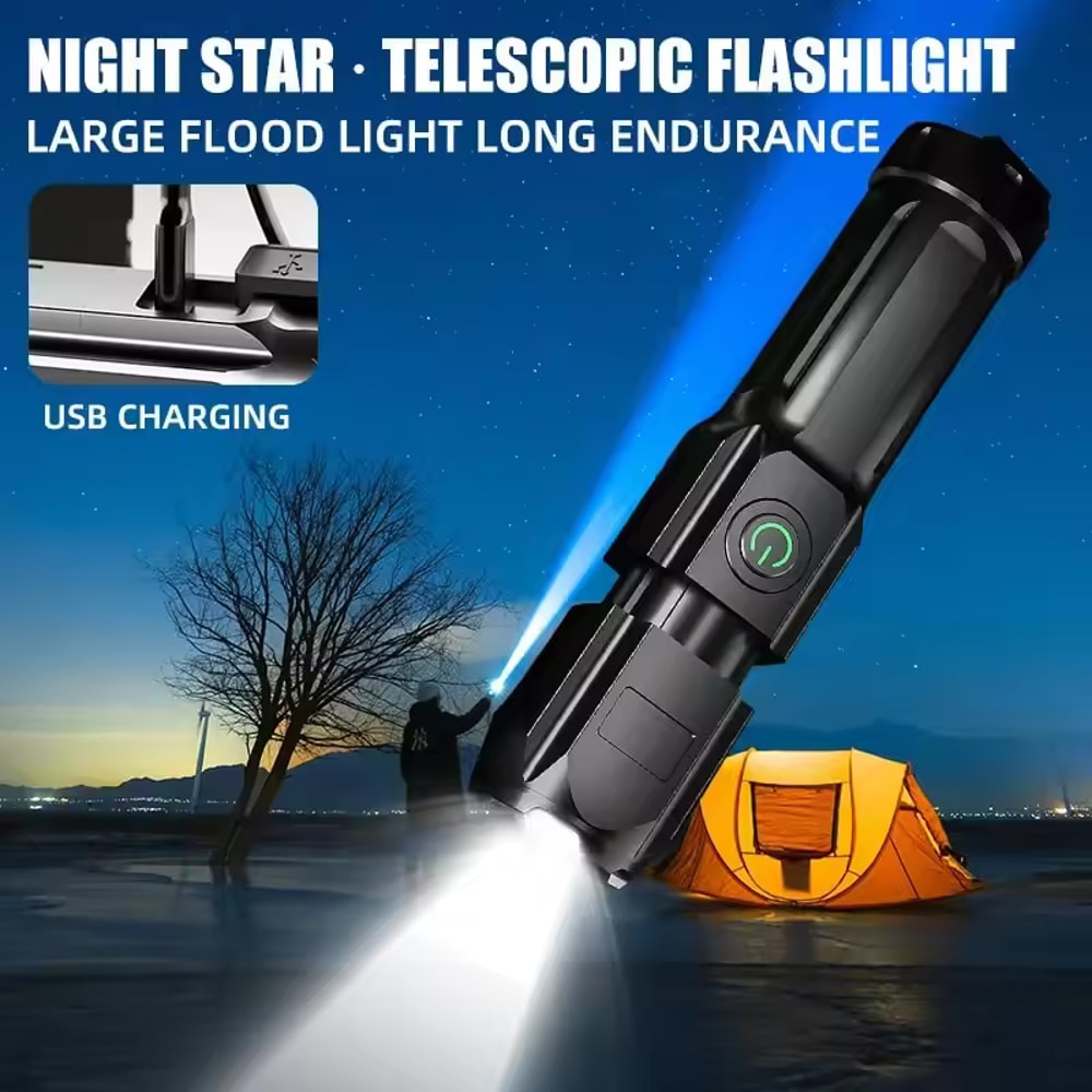 High Power Rechargeable LED Camping Flashlight USB Spotlight Lantern for Outdoor, Fishing, and Hiking Waterproof