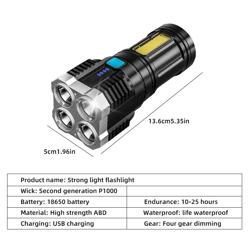 High Power LED Flashlight Camping Torch USB Rechargeable COB Side Light Portable Hand Lantern 4